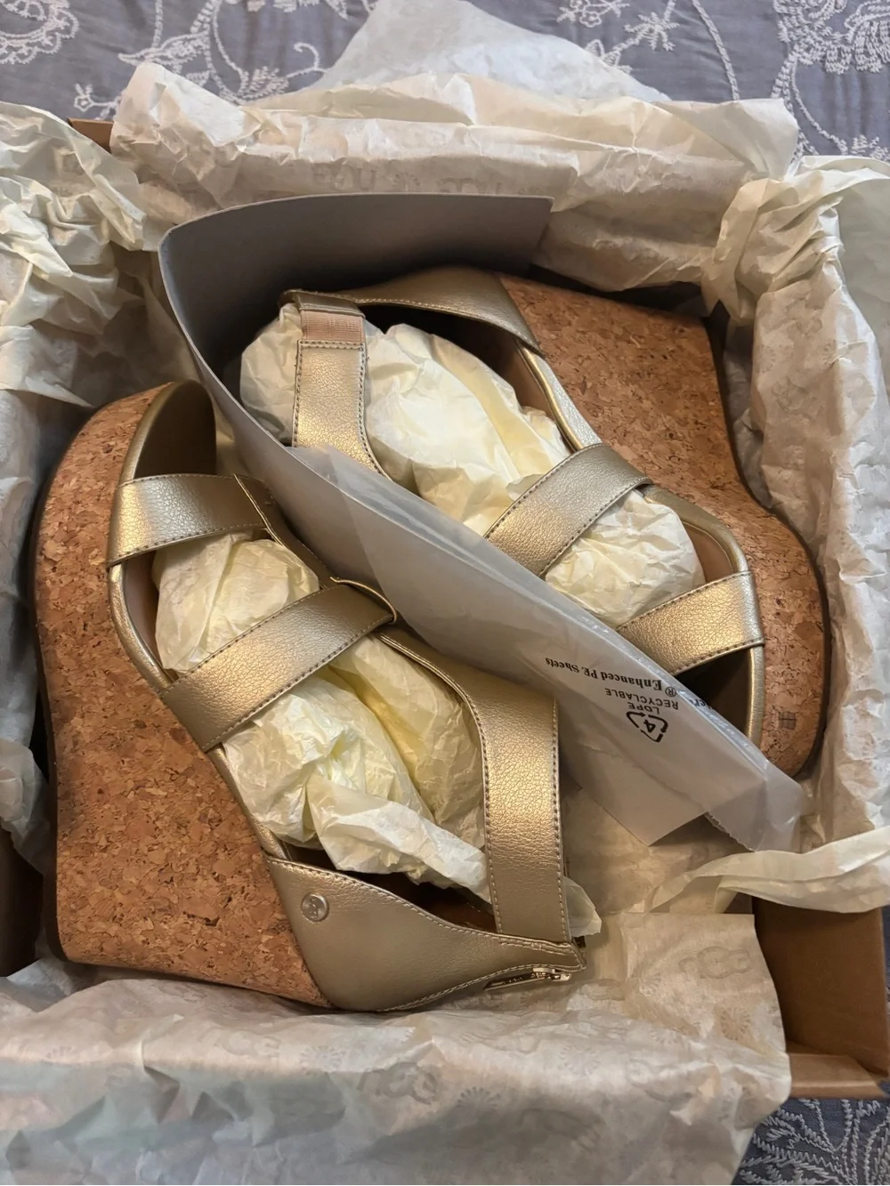 UGG Metallic Gold T-Strap Block Heel Sandals
